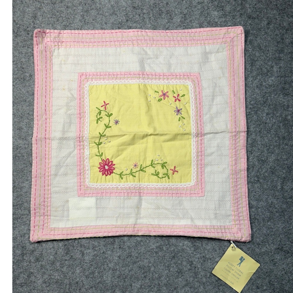 Pottery Barn Kids Audry Floral Pillow Sham Pink Yellow Gingham Embroidered 16x16